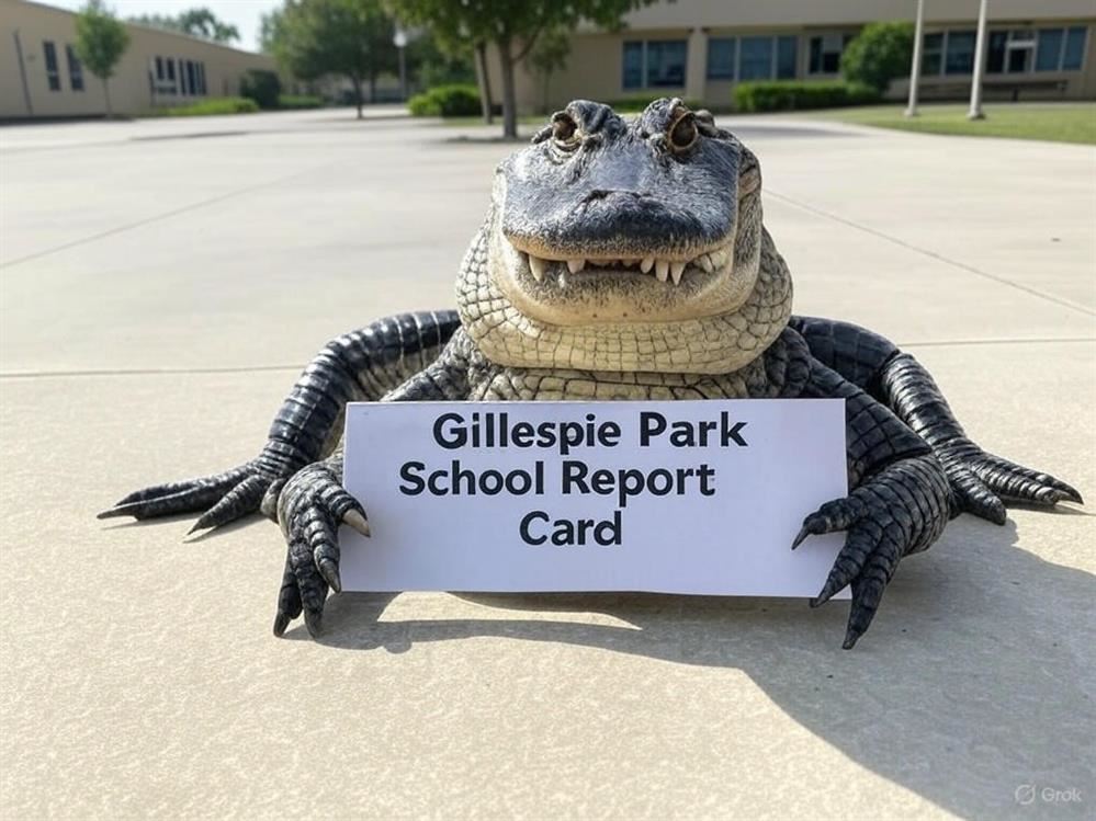  Alligator holding sign with Gillespie Park School Report Card